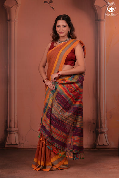 JESAAL - Artisanal Kutchhi Handwoven Cotton Saree with Colorful Pallu