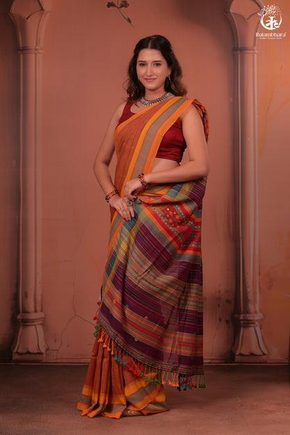 JESAAL - Artisanal Kutchhi Handwoven Cotton Saree with Colorful Pallu