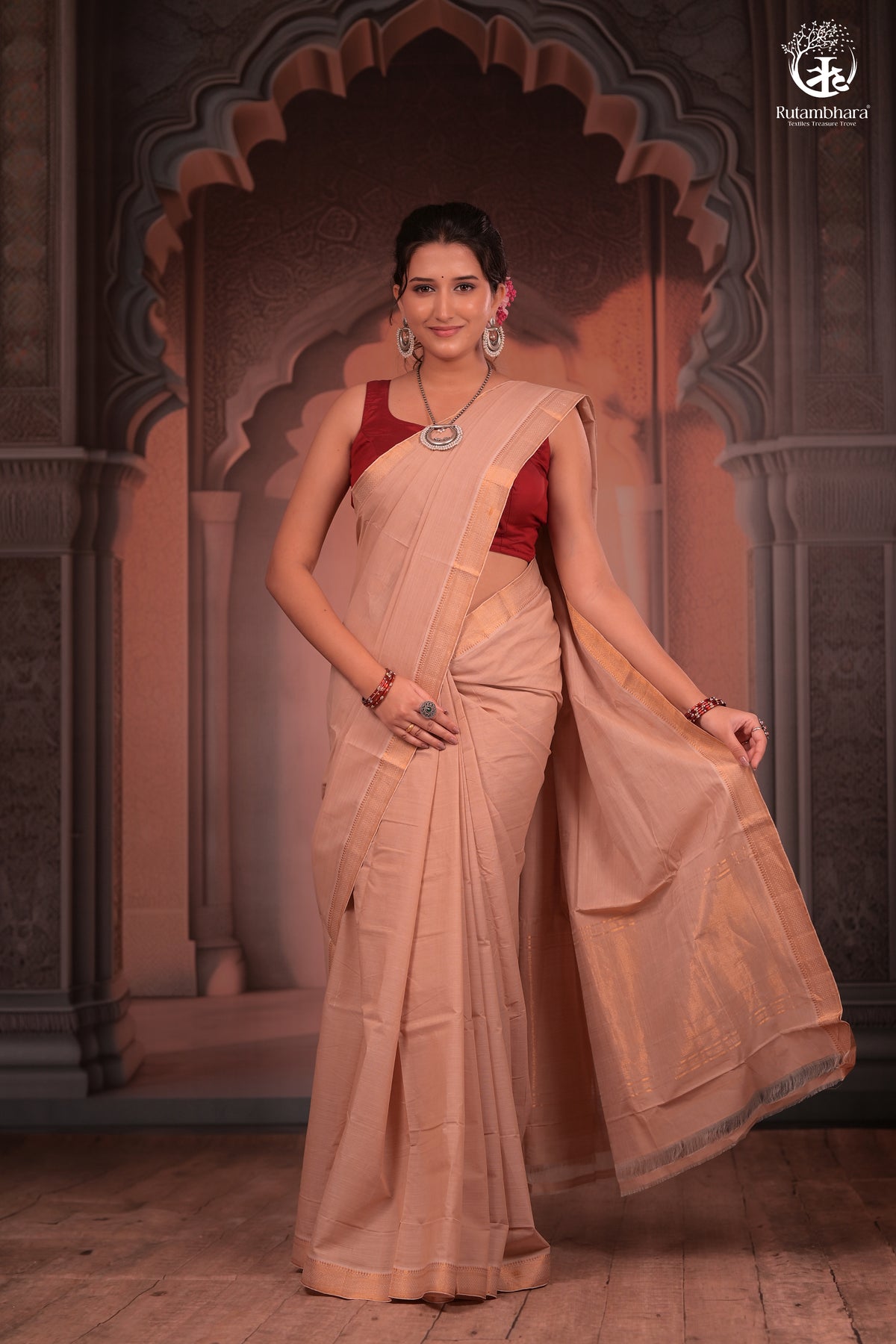 BHADRA -Elegant Beige Pure Cotton Saree with Gold Border And Kalamkari Blouse