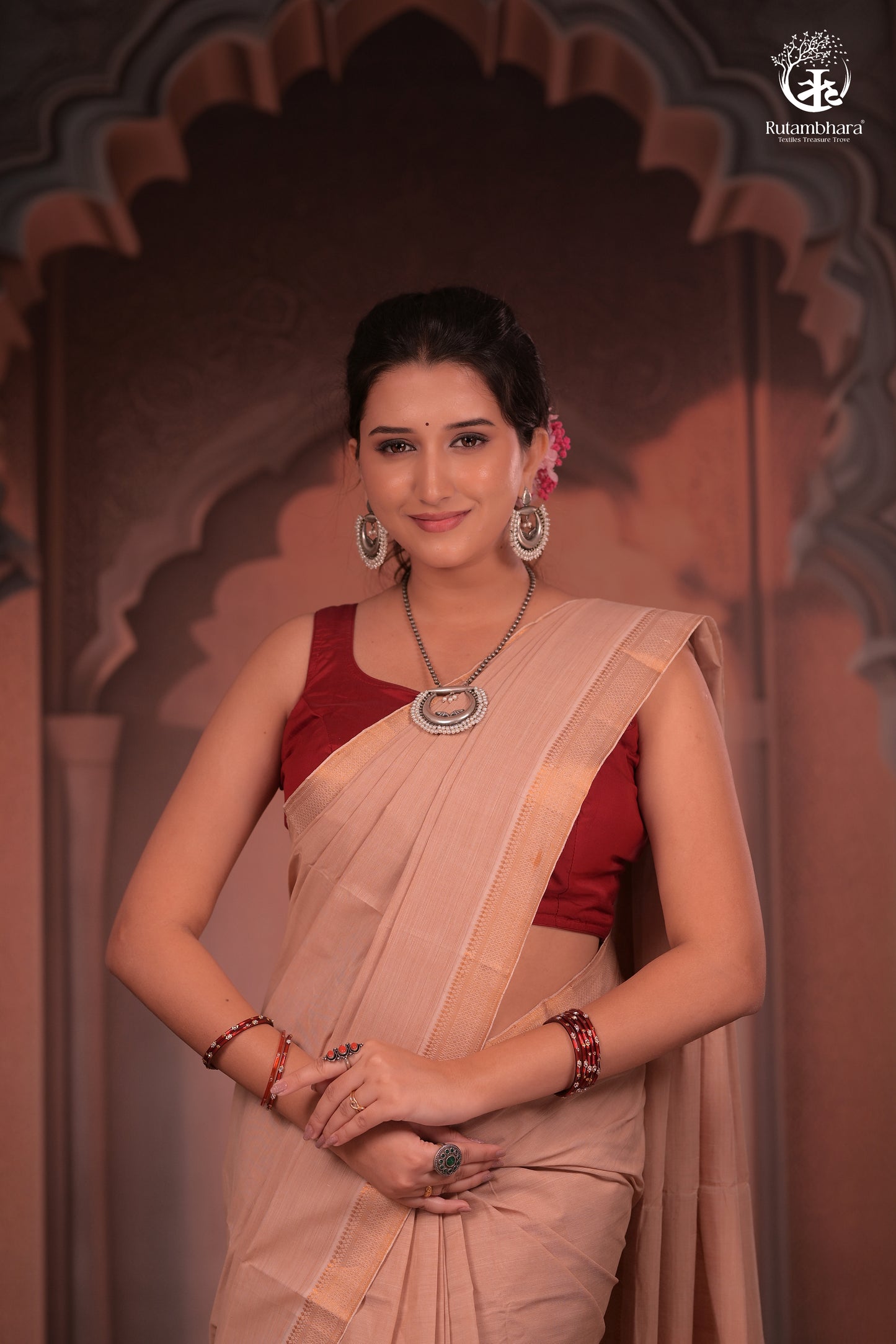 BHADRA -Elegant Beige Pure Cotton Saree with Gold Border And Kalamkari Blouse