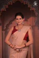 BHADRA -Elegant Beige Pure Cotton Saree with Gold Border And Kalamkari Blouse-RUTAMBHARA-RUTAMBHARA