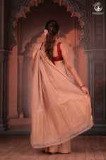 BHADRA -Elegant Beige Pure Cotton Saree with Gold Border And Kalamkari Blouse-RUTAMBHARA-RUTAMBHARA