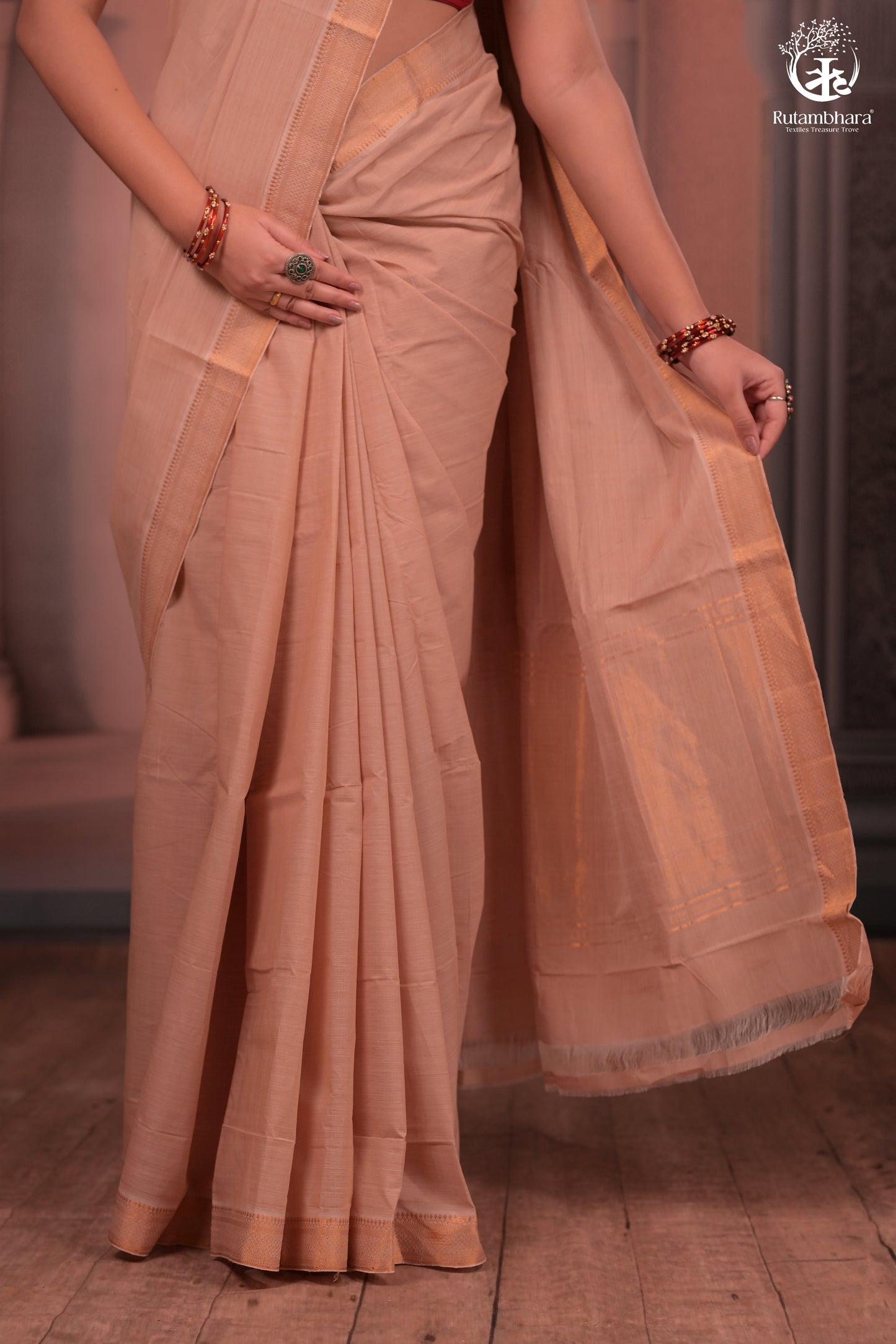 BHADRA -Elegant Beige Pure Cotton Saree with Gold Border And Kalamkari Blouse