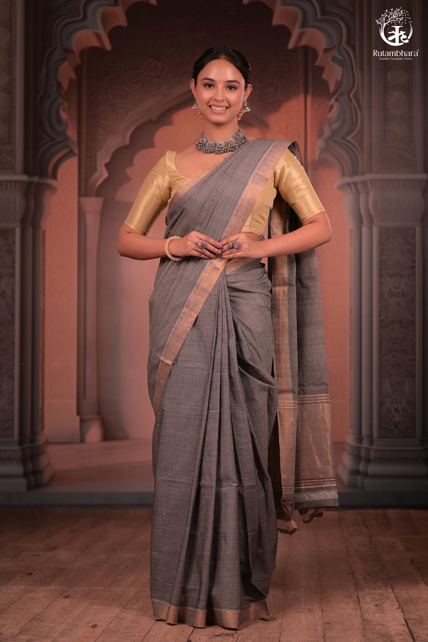 BHADRA - Elegant Grey Pure Cotton Saree with Zari Border And Kalamkari Blouse