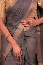 BHADRA - Elegant Grey Pure Cotton Saree with Zari Border And Kalamkari Blouse-RUTAMBHARA-RUTAMBHARA