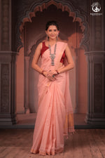BHADRA - Elegant Blush Pink Pure Cotton Saree with Gold Border and Kalamkari Blouse-RUTAMBHARA-RUTAMBHARA