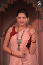 BHADRA - Elegant Blush Pink Pure Cotton Saree with Gold Border and Kalamkari Blouse-RUTAMBHARA-RUTAMBHARA