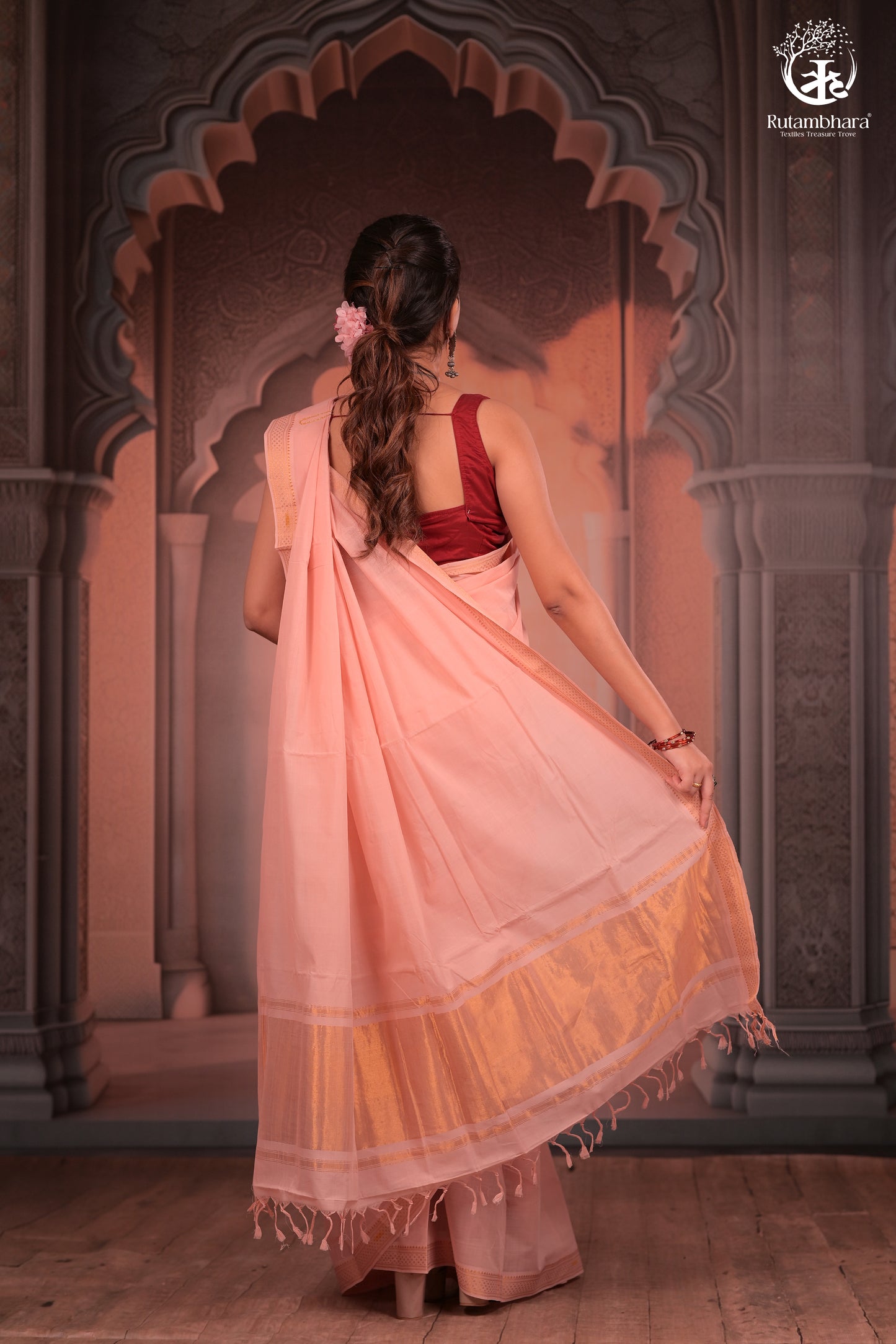 BHADRA - Elegant Blush Pink Pure Cotton Saree with Gold Border and Kalamkari Blouse