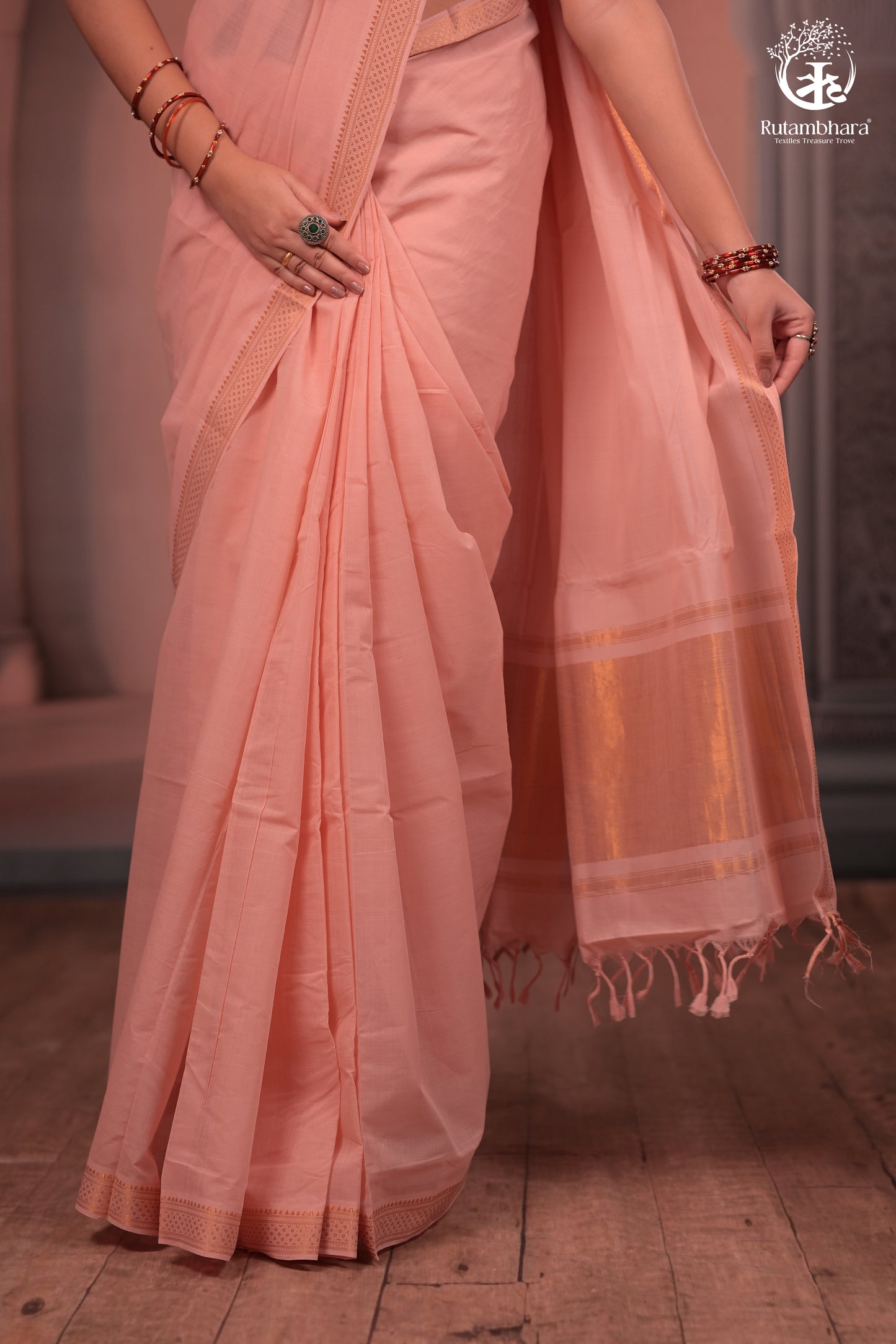 BHADRA - Elegant Blush Pink Pure Cotton Saree with Gold Border and Kalamkari Blouse