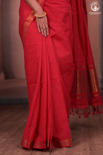 Bhadra - Elegant Gulaal Red Pure Cotton Saree with Gold Zari and Kalamkari Blouse Piece-RUTAMBHARA-RUTAMBHARA