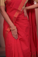 Bhadra - Elegant Gulaal Red Pure Cotton Saree with Gold Zari and Kalamkari Blouse Piece-RUTAMBHARA-RUTAMBHARA