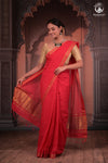 Bhadra - Elegant Gulaal Red Pure Cotton Saree with Gold Zari and Kalamkari Blouse Piece