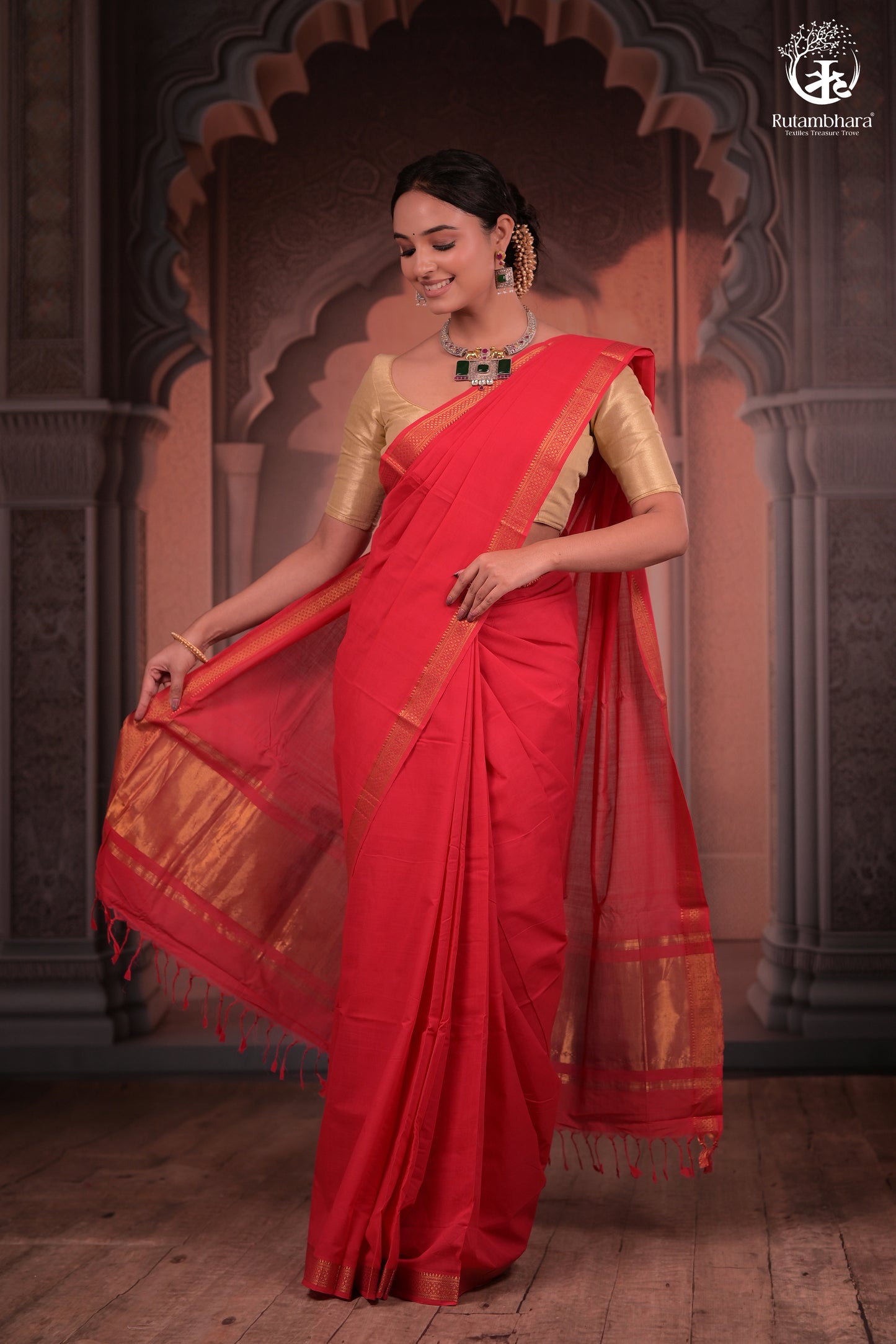 Bhadra - Elegant Gulaal Red Pure Cotton Saree with Gold Zari and Kalamkari Blouse Piece