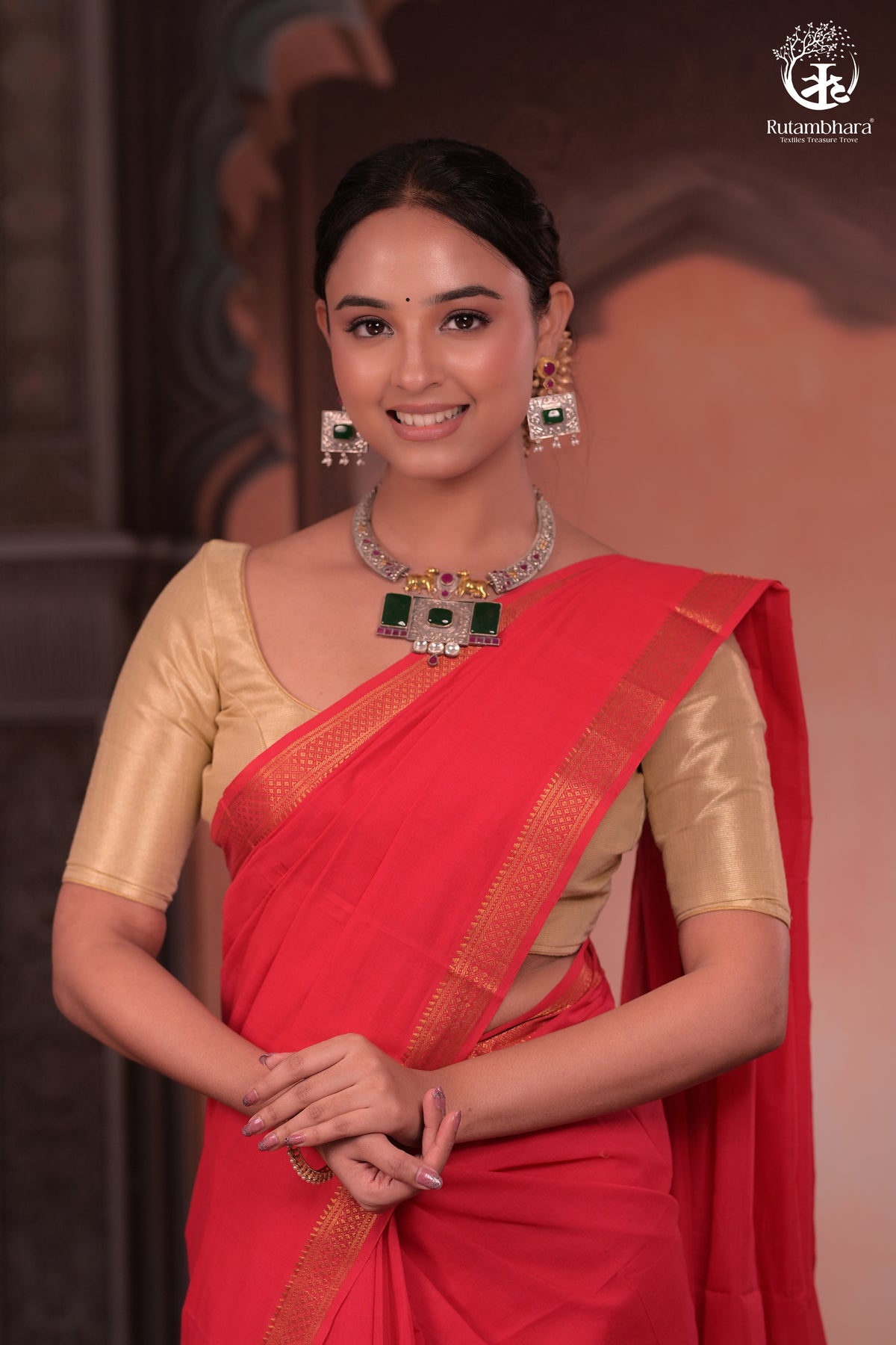 Bhadra - Elegant Gulaal Red Pure Cotton Saree with Gold Zari and Kalamkari Blouse Piece