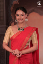 Bhadra - Elegant Gulaal Red Pure Cotton Saree with Gold Zari and Kalamkari Blouse Piece-RUTAMBHARA-RUTAMBHARA