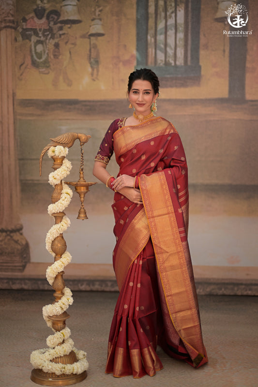 Eevara Reddish Maroon Kancheevaram Heirloom Silk Saree