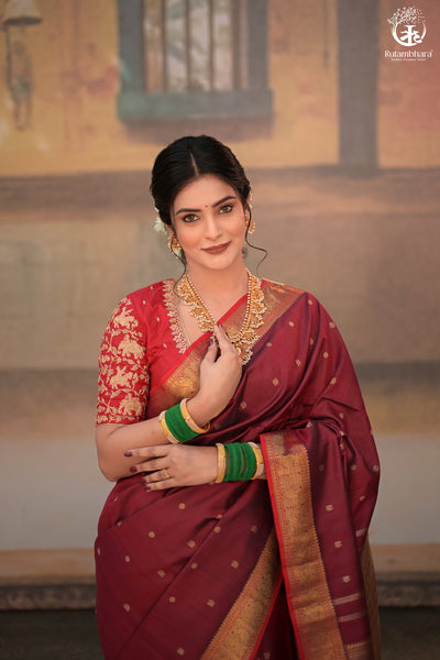 Eevara Burgundy Maroon Kancheevaram Heirloom Silk Saree-Rutambhara-Brown-RUTAMBHARA