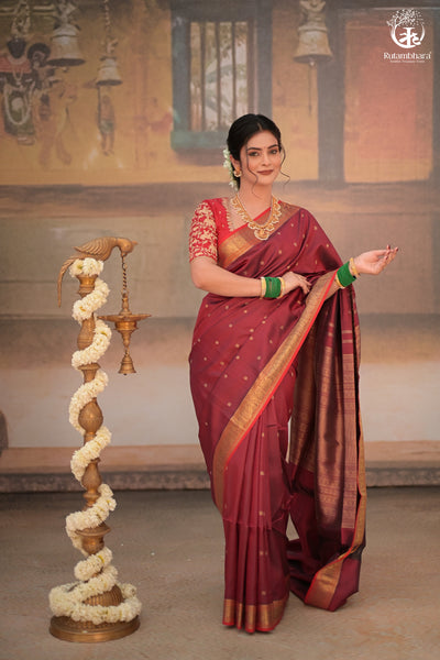 Eevara Burgundy Maroon Kancheevaram Heirloom Silk Saree-Rutambhara-Brown-RUTAMBHARA