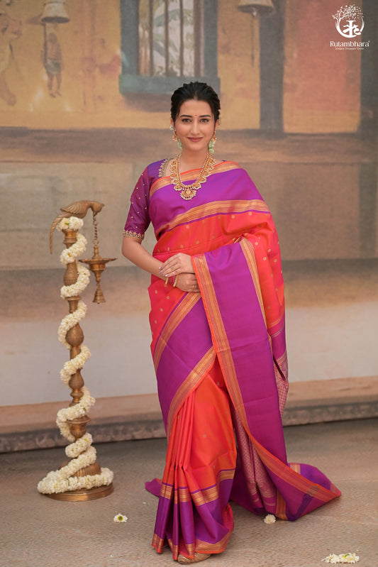 Eevara Orange Purple Kancheevaram Heirloom Silk Saree