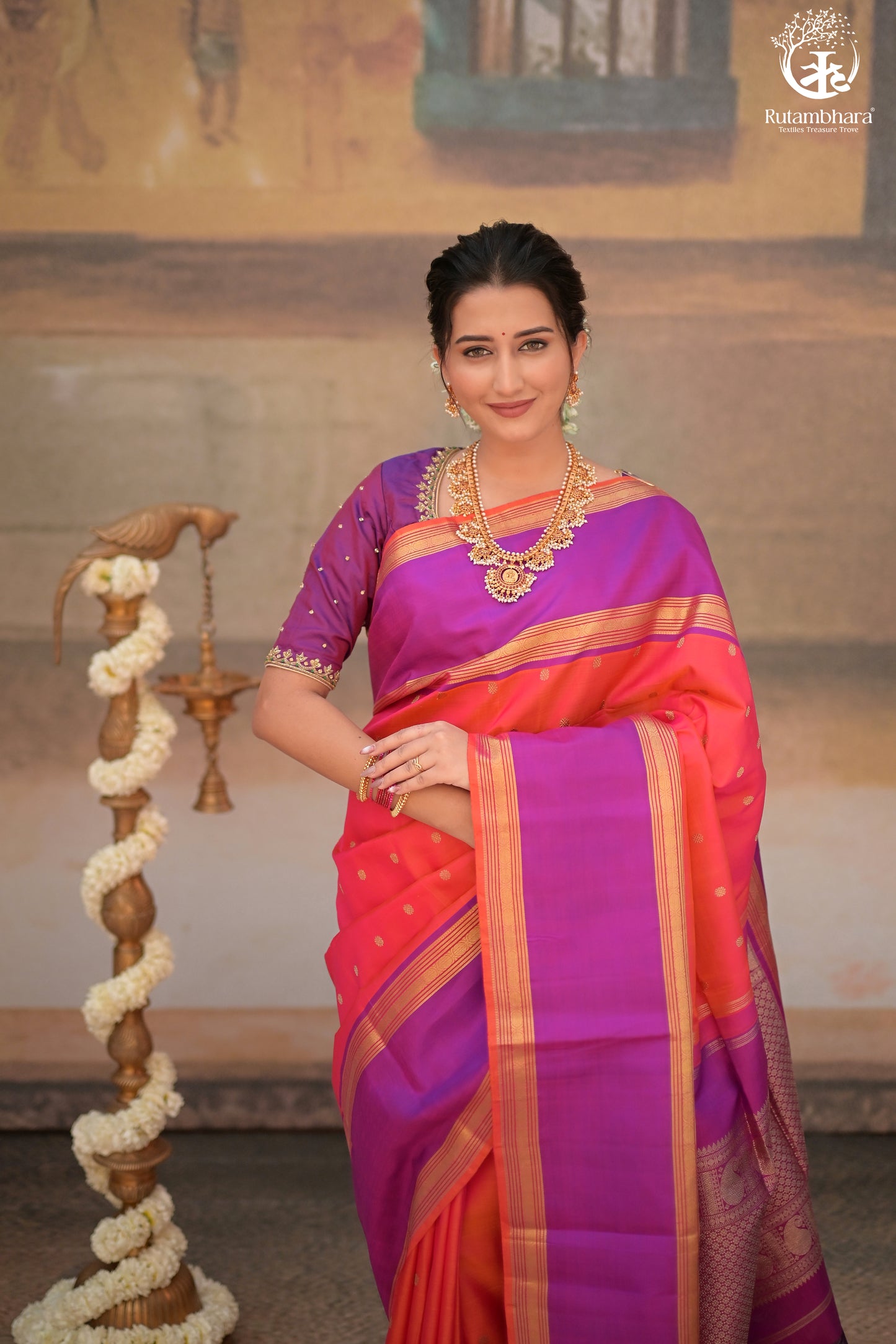 Eevara Orange Purple Kancheevaram Heirloom Silk Saree