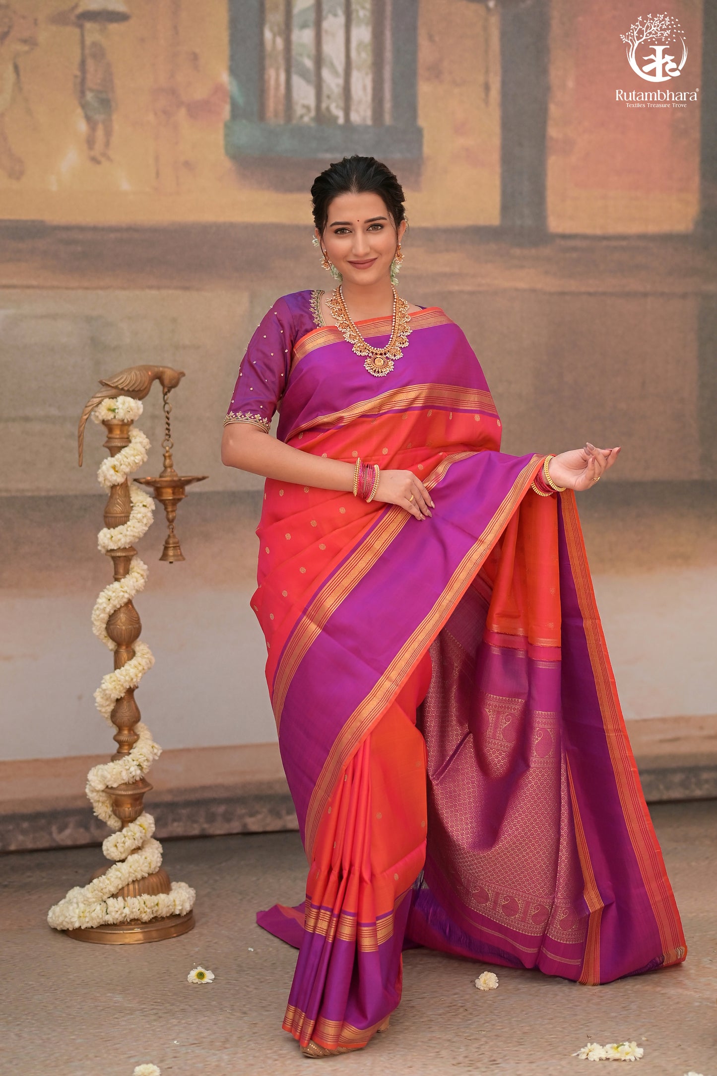 Eevara Orange Purple Kancheevaram Heirloom Silk Saree