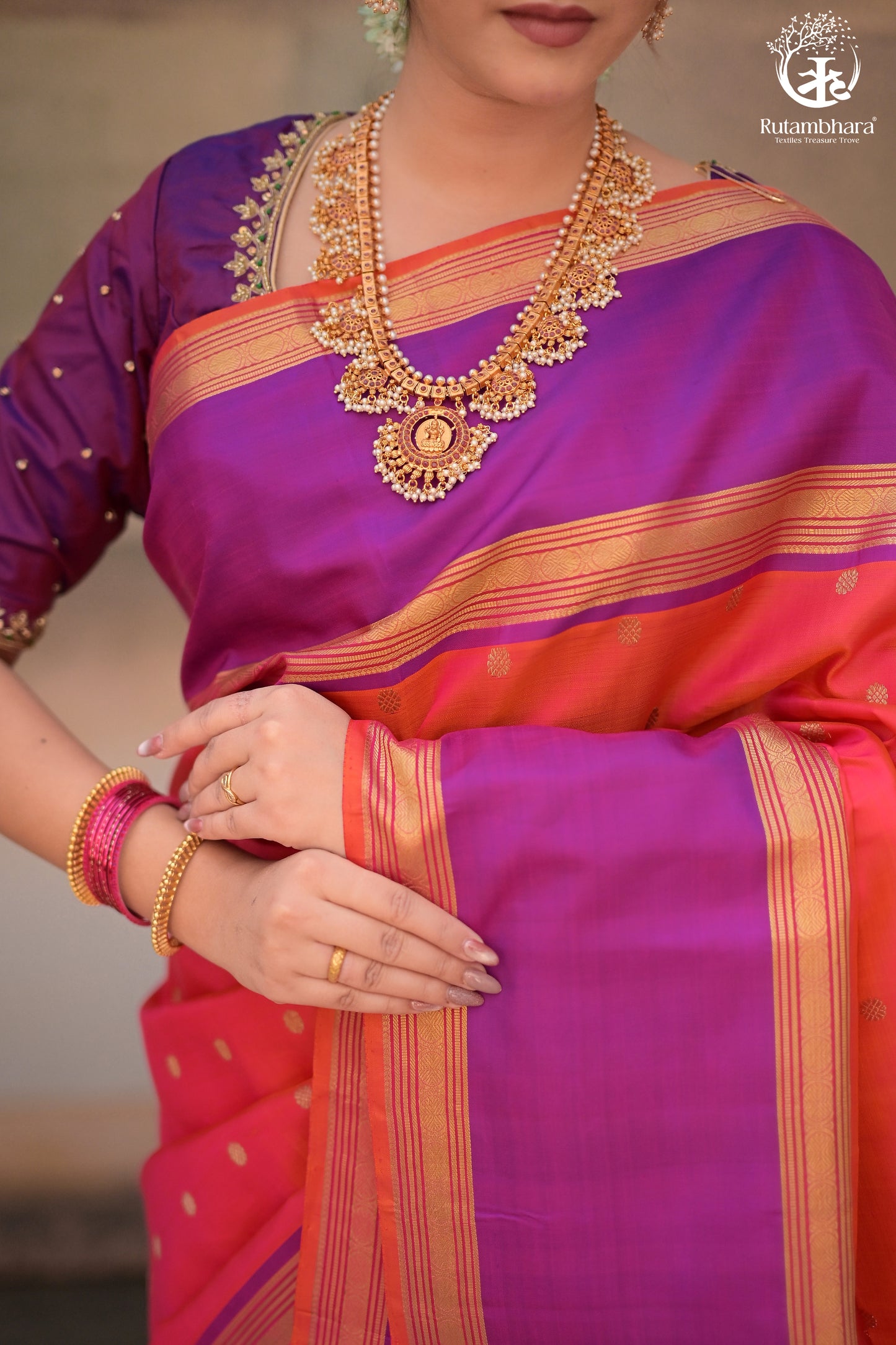 Eevara Orange Purple Kancheevaram Heirloom Silk Saree