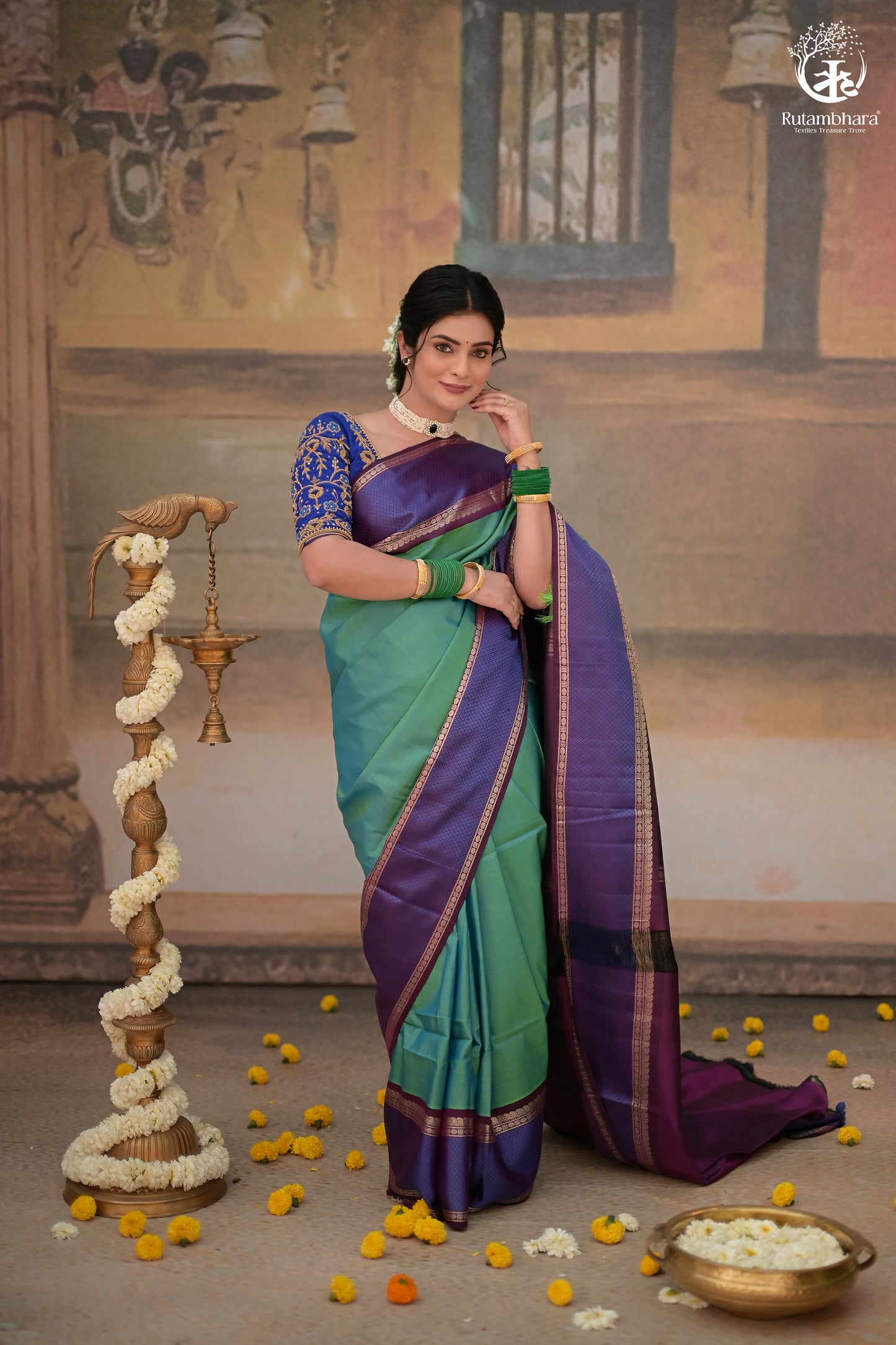 Eevara Aqua Blue Purple Kancheevaram Heirloom Silk Saree