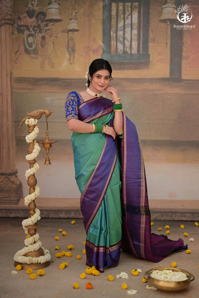 Eevara Aqua Blue Purple Kancheevaram Heirloom Silk Saree-Rutambhara-Green-RUTAMBHARA