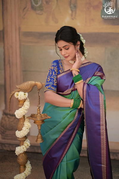 Eevara Aqua Blue Purple Kancheevaram Heirloom Silk Saree-Rutambhara-Green-RUTAMBHARA