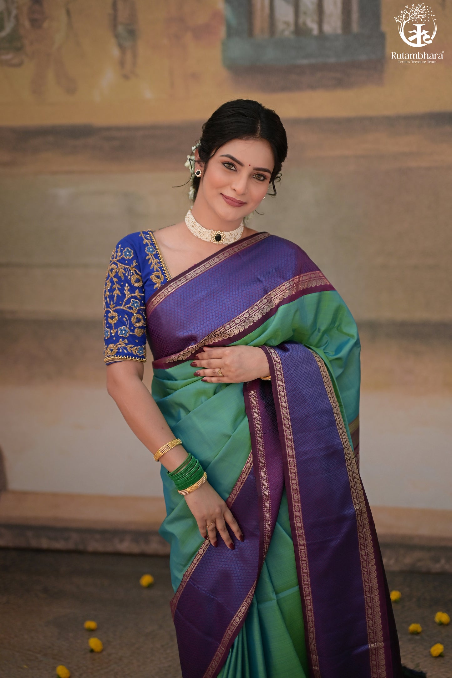 Eevara Aqua Blue Purple Kancheevaram Heirloom Silk Saree