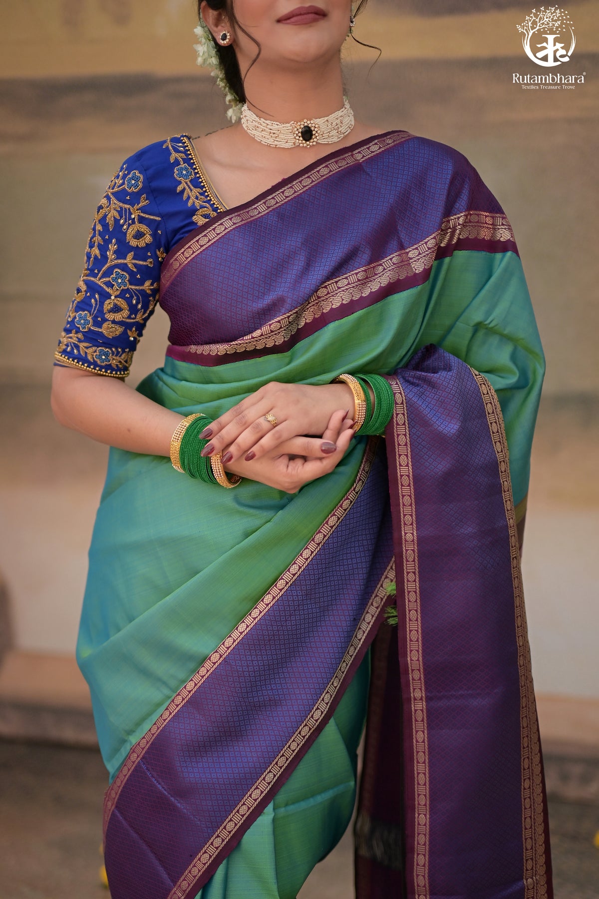 Eevara Aqua Blue Purple Kancheevaram Heirloom Silk Saree