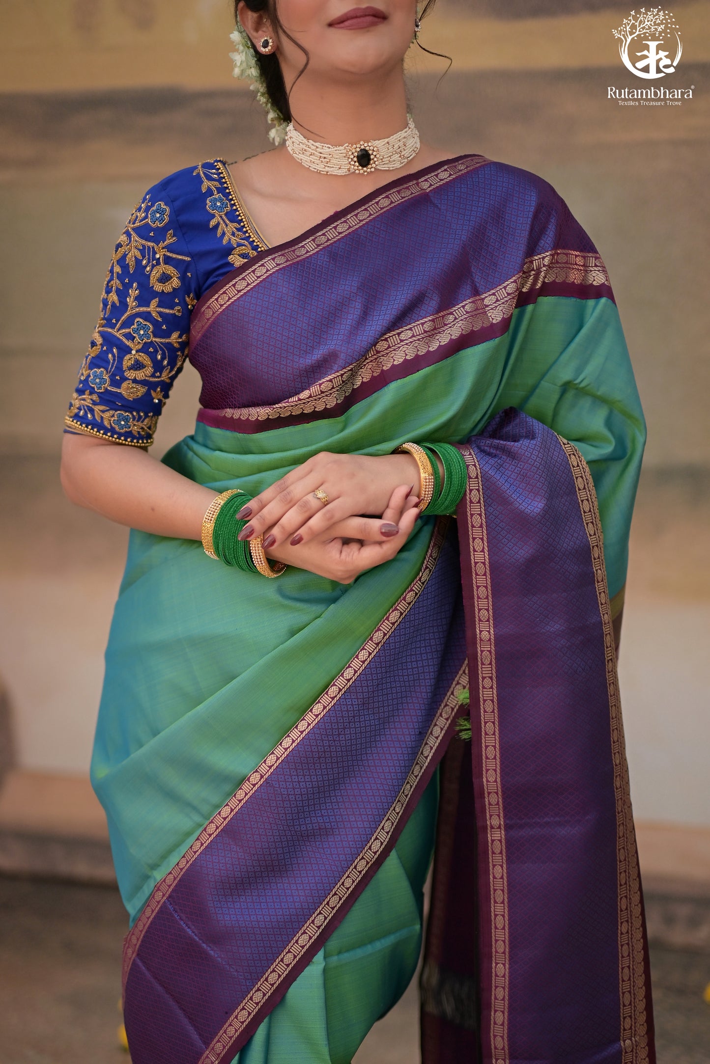 Eevara Aqua Blue Purple Kancheevaram Heirloom Silk Saree