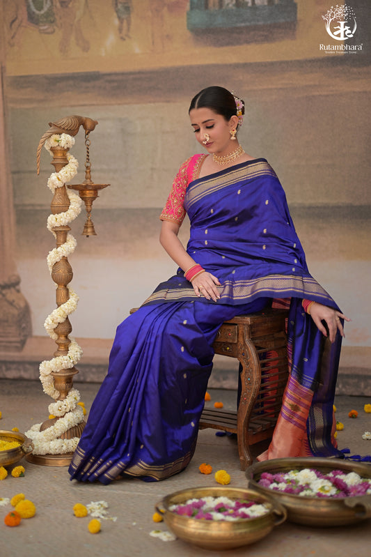 Ink Blue Paithani Saree With Peacock Motif Traditional Brocade Double Pallu And Deep Ink Blue Selvedge
