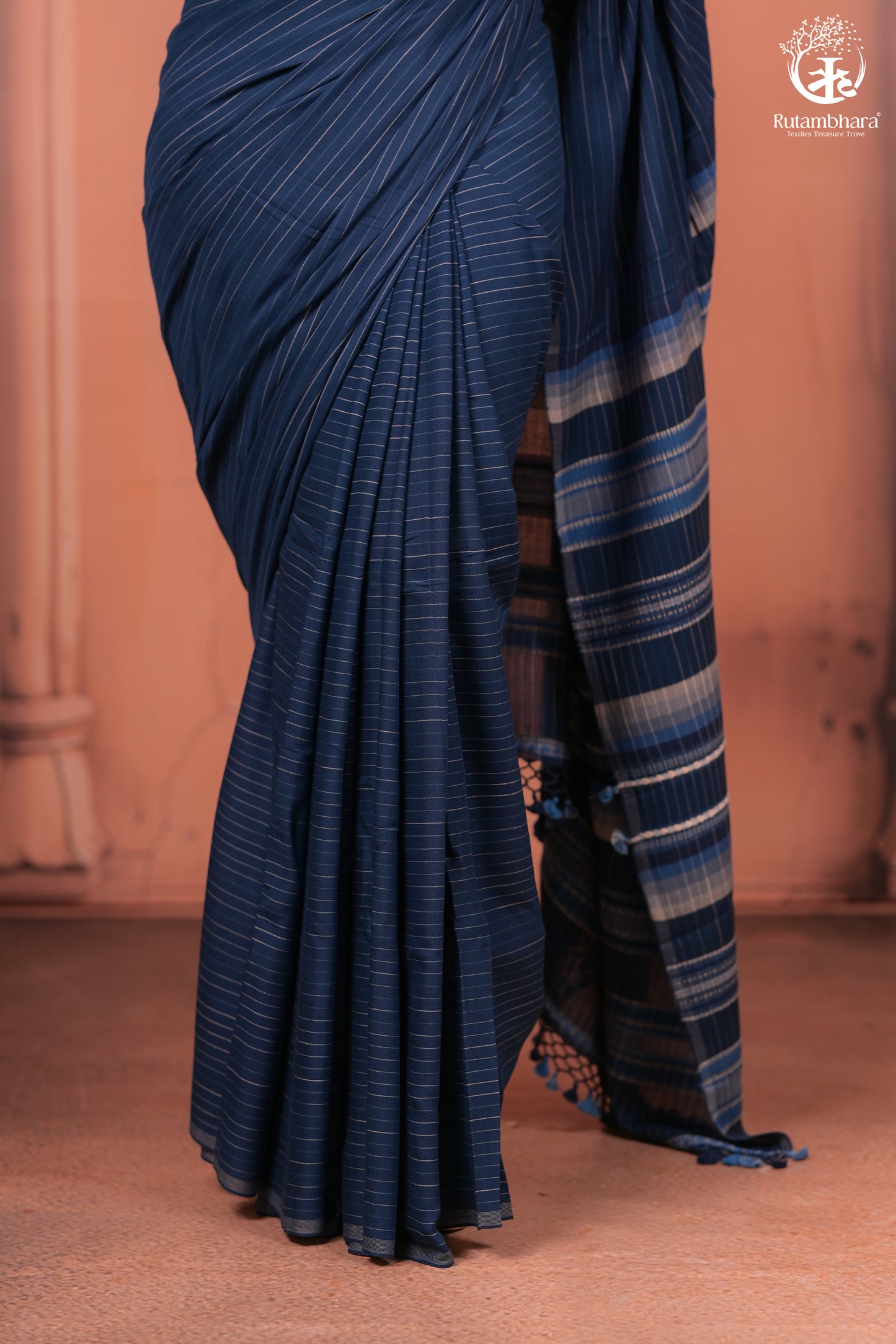 JESAAL - Handcrafted Indigo Cotton-Bamboo Saree with Kutchi Weave