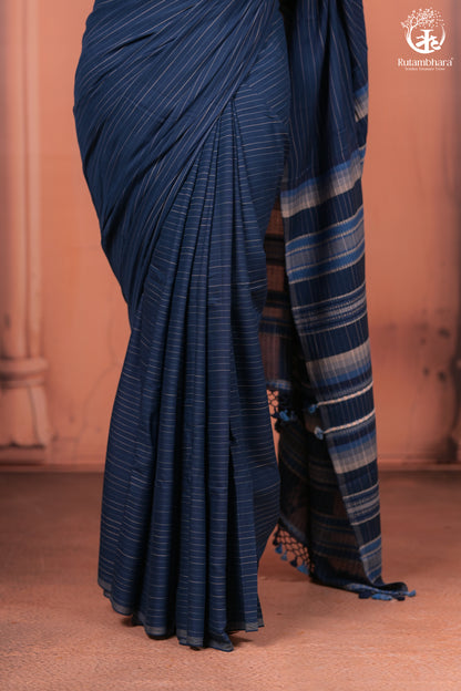 JESAAL - Handcrafted Indigo Cotton-Bamboo Saree with Kutchi Weave