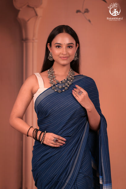 JESAAL - Handcrafted Indigo Cotton-Bamboo Saree with Kutchi Weave