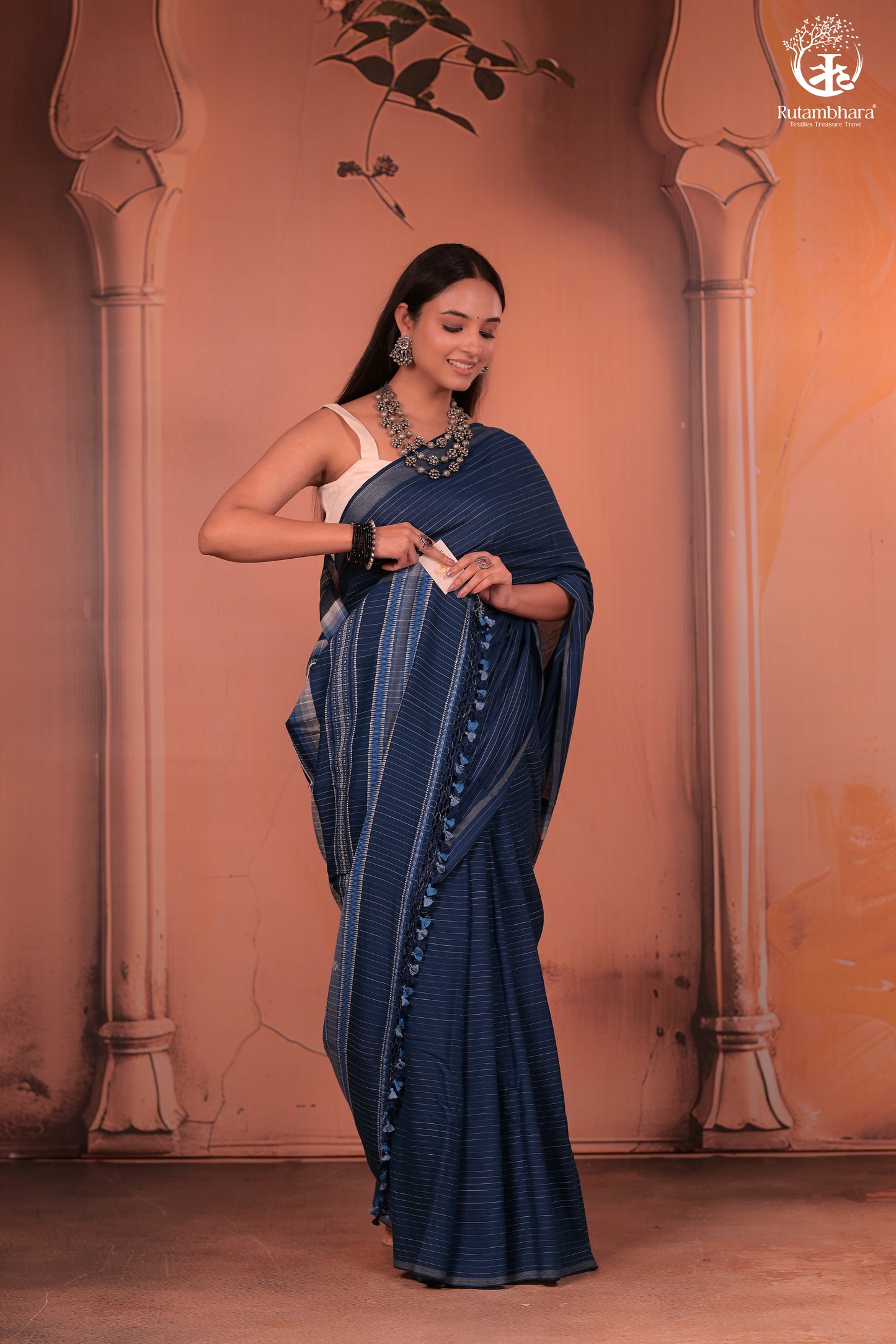 JESAAL - Handcrafted Indigo Cotton-Bamboo Saree with Kutchi Weave
