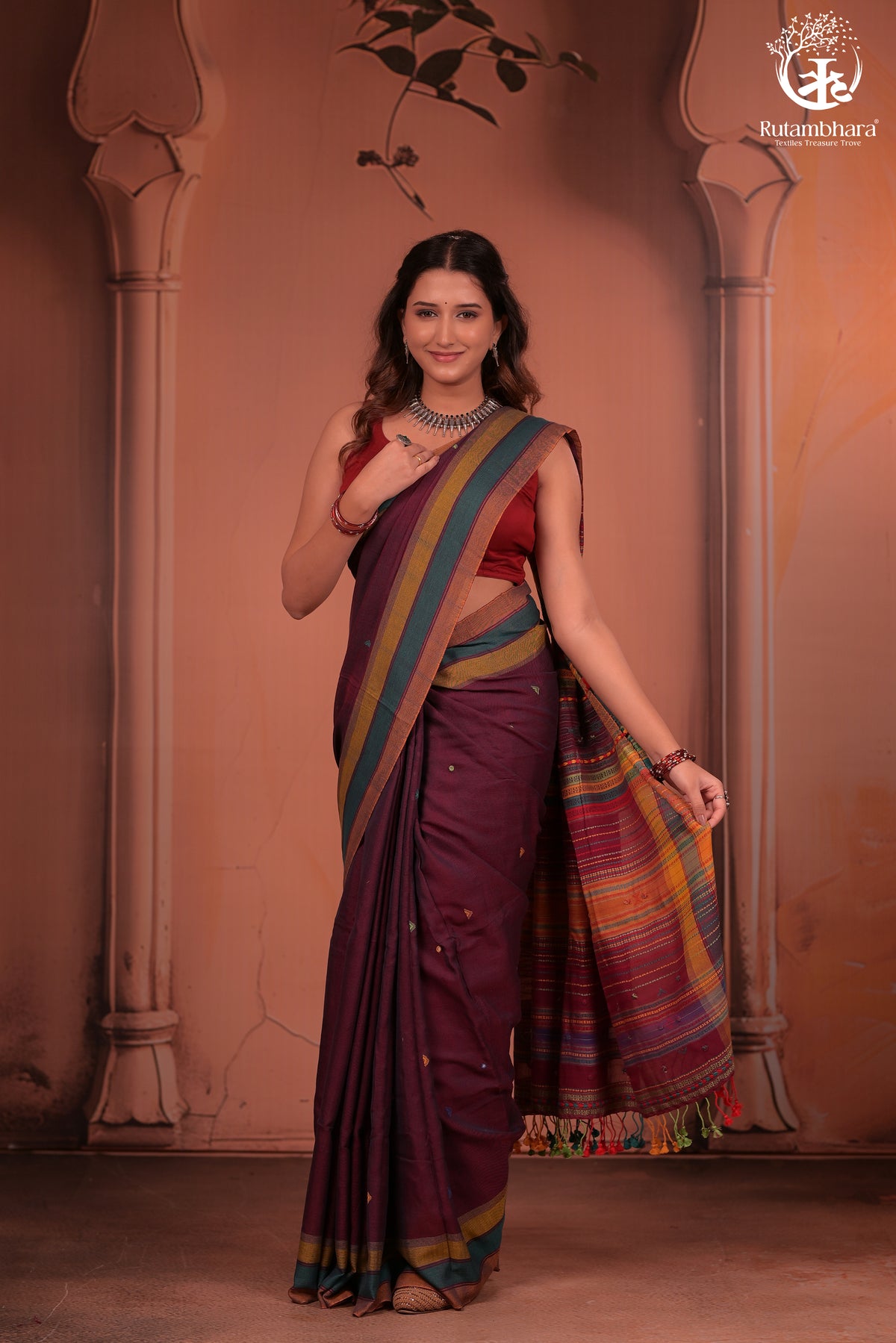 JESAAL - Wine Purple Handloom Cotton Saree with Kutchi Weave Pallu
