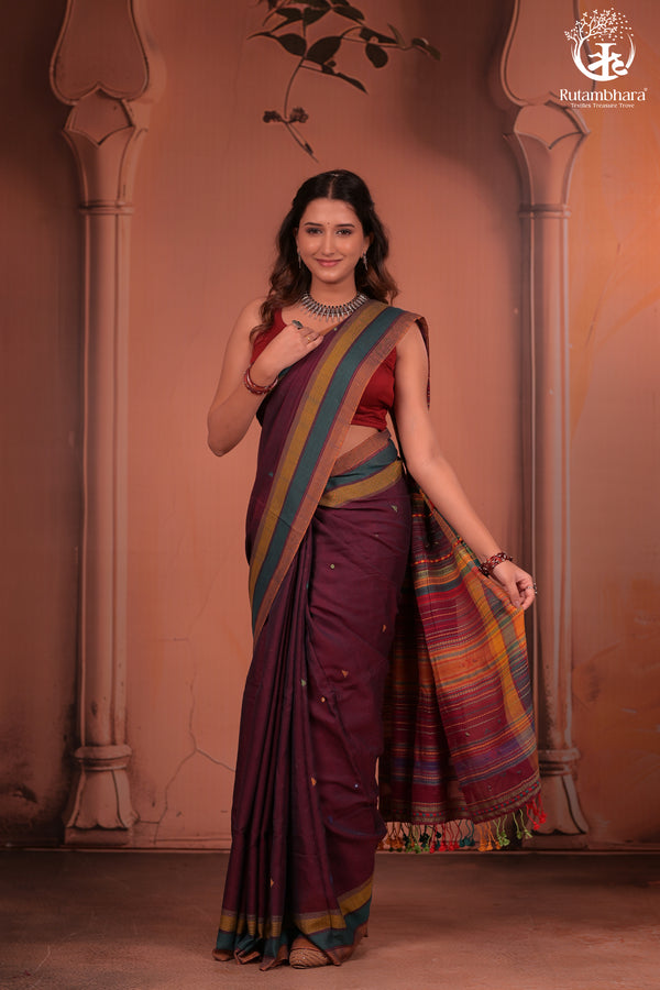 JESAAL - Wine Purple Handloom Cotton Saree with Kutchi Weave Pallu-RUTAMBHARA-RUTAMBHARA