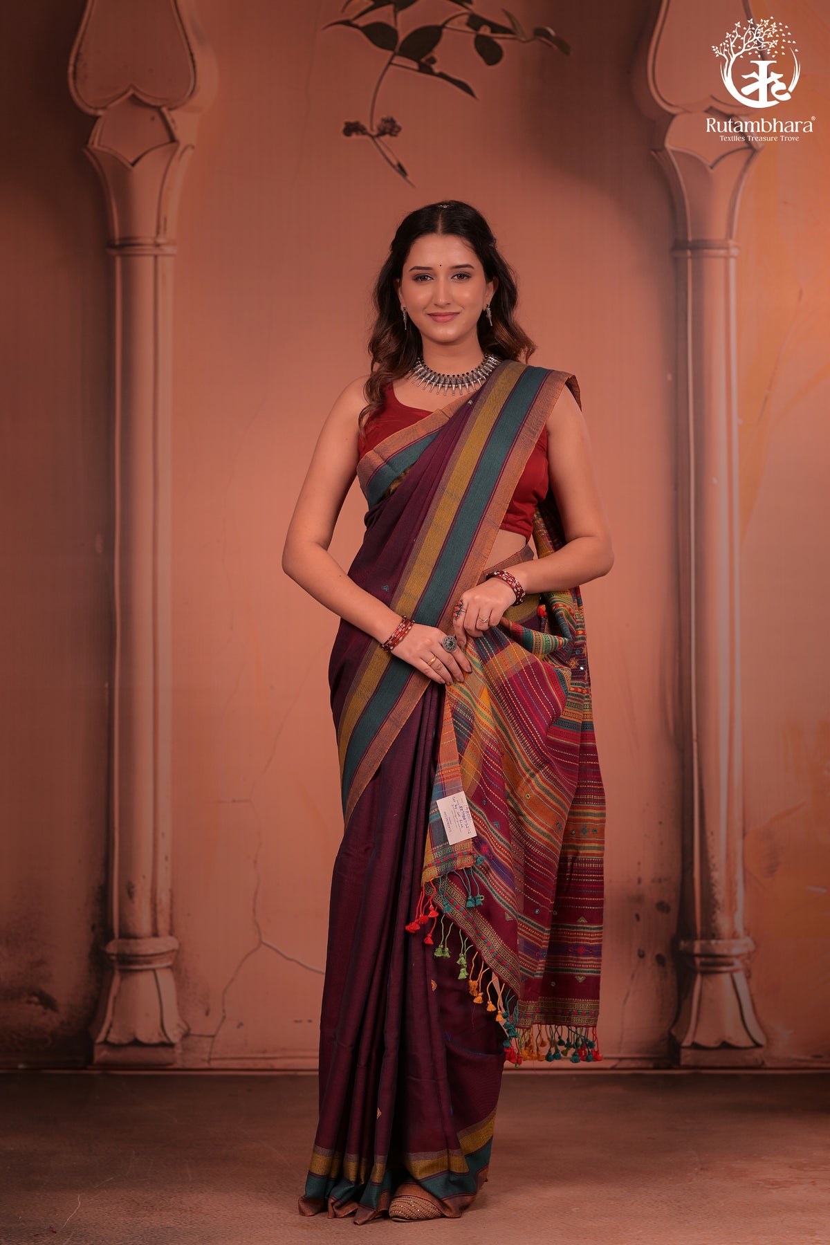 JESAAL - Wine Purple Handloom Cotton Saree with Kutchi Weave Pallu