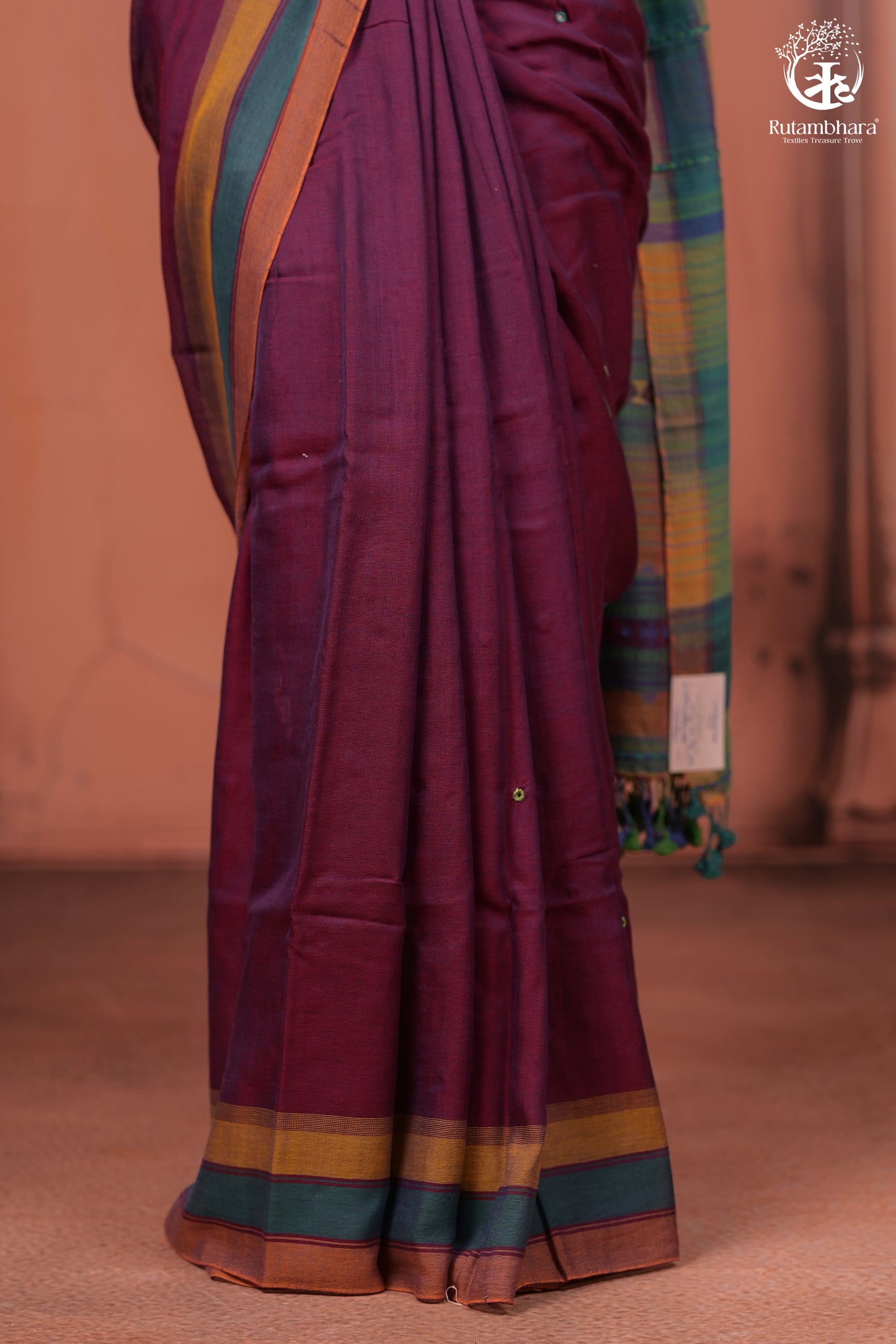 JESAAL - Elegant Handloom Cotton Saree In Plumb With Vibrant Kutchhi Pallu.