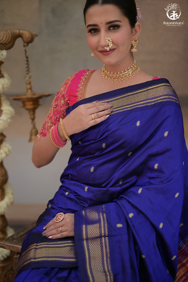 Ink Blue Paithani Saree With Peacock Motif Traditional Brocade Double Pallu And Deep Ink Blue Selvedge-Rutambhara-RUTAMBHARA