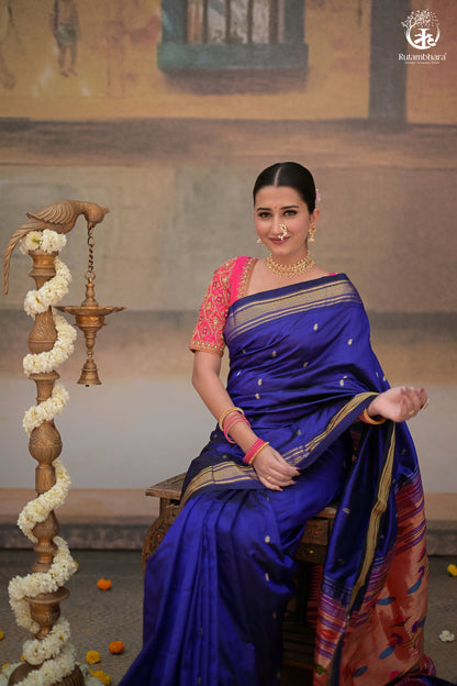 Ink Blue Paithani Saree With Peacock Motif Traditional Brocade Double Pallu And Deep Ink Blue Selvedge-Rutambhara-RUTAMBHARA