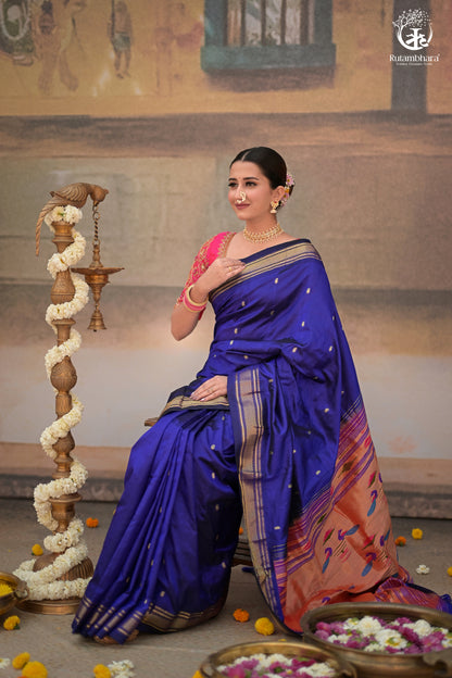 Ink Blue Paithani Saree With Peacock Motif Traditional Brocade Double Pallu And Deep Ink Blue Selvedge-Rutambhara-RUTAMBHARA