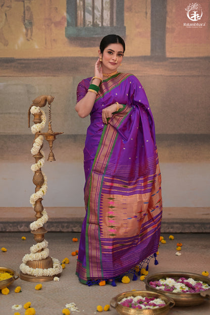 Purple Paithani Saree With Peacock Motif Traditional Brocade Double Pallu And Green Selvedge-Rutambhara-RUTAMBHARA