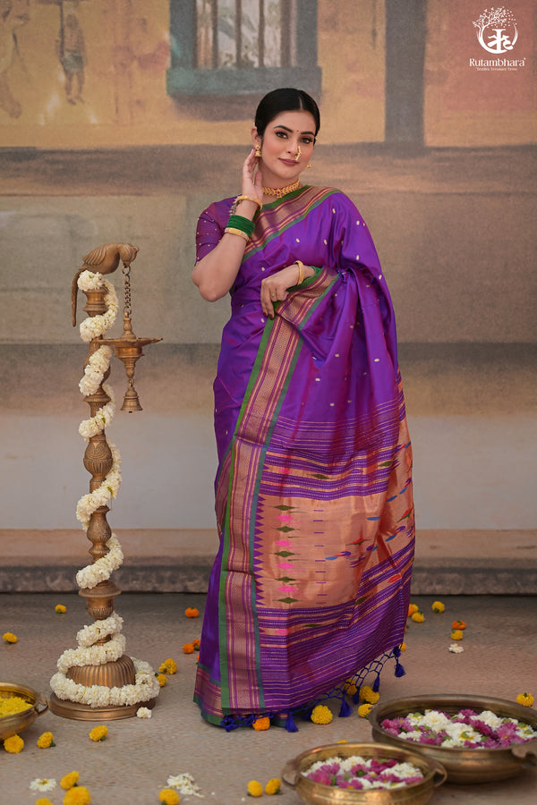 Purple Paithani Saree With Peacock Motif Traditional Brocade Double Pallu And Green Selvedge-Rutambhara-RUTAMBHARA
