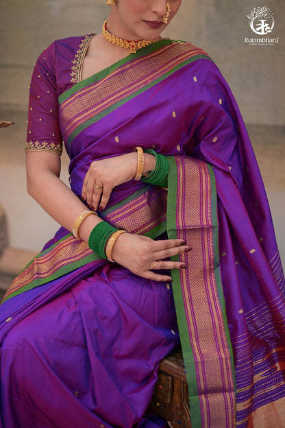 Purple Paithani Saree With Peacock Motif Traditional Brocade Double Pallu And Green Selvedge-Rutambhara-RUTAMBHARA
