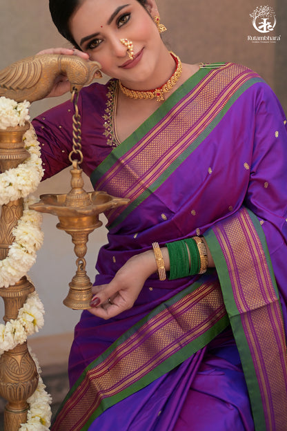 Purple Paithani Saree With Peacock Motif Traditional Brocade Double Pallu And Green Selvedge-Rutambhara-RUTAMBHARA