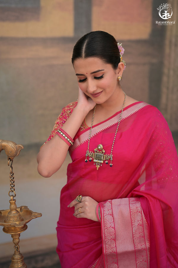 Bhadra - Pink Plain Handwoven Silk Cotton Saree With Silver Zari Kanchi Border-Rutambhara-RUTAMBHARA