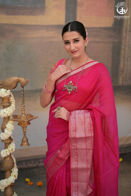 Bhadra - Pink Plain Handwoven Silk Cotton Saree With Silver Zari Kanchi Border-Rutambhara-RUTAMBHARA